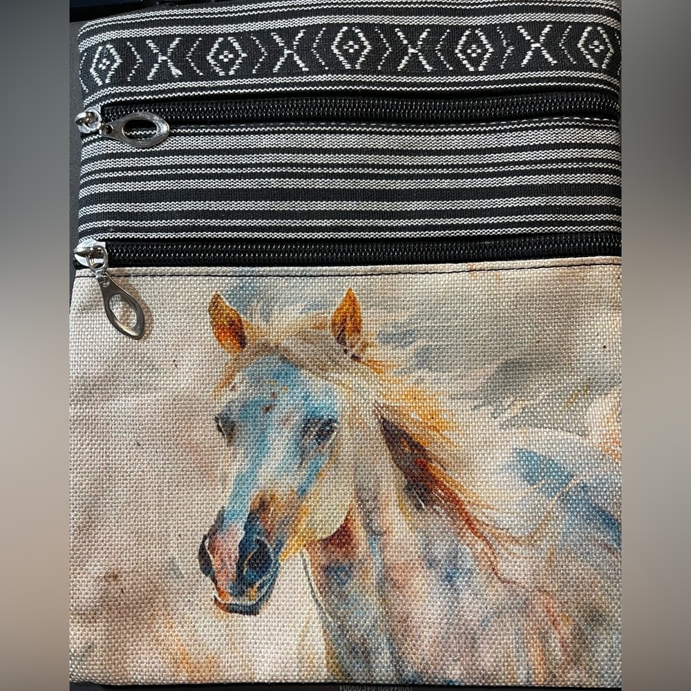 Horse Print Oil Painting Styled Crossbody Bag, 2 Side Zip Pockets 9.5x8 NEW